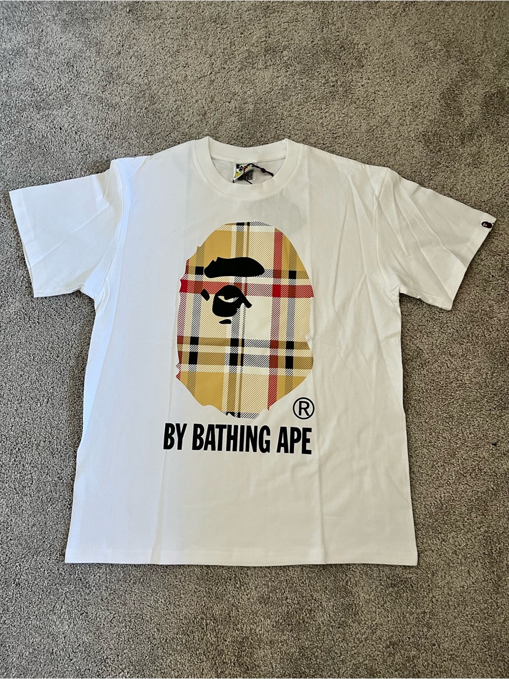 Bape White Tee with Plaid Ape Head Graphic